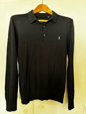 AllSaints Men's Black MODE MERINO LONG SLEEVE RAMSKULL POLO SHIRT